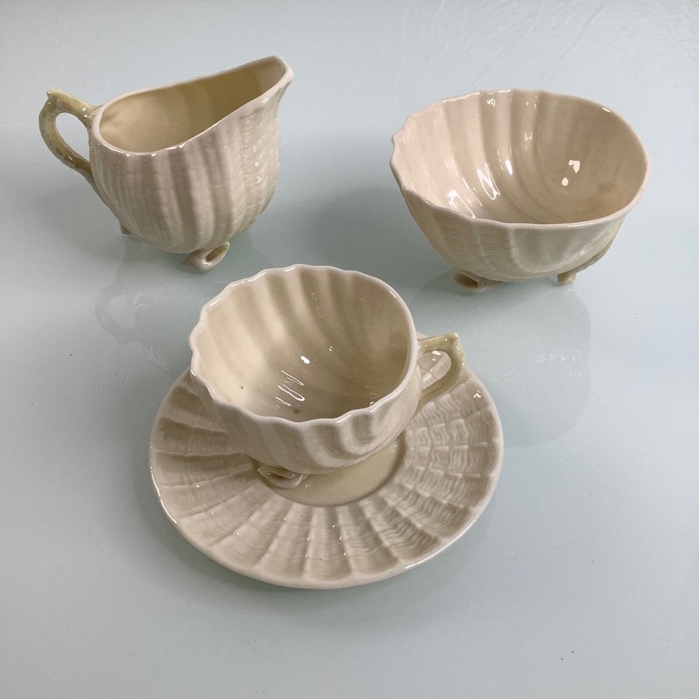 Vintage Belleek Bone China Sea Shell Neptune Tea set of 4 pieces LIKE NEW